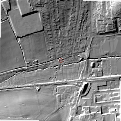 Shaded relief map of the ground around CV49GN, computed from Environment Agency LiDAR. The ground here sits at about 106 m above sea level and falls 18 m across the surrounding 800 m. Surface water reaching this point runs off ground lying to the north-north-west, 14.9 m higher.