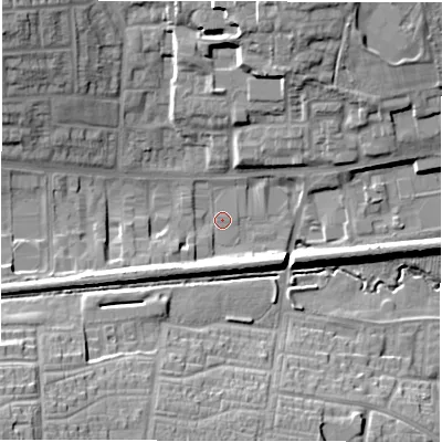 Shaded relief map of the ground around CV49GU, computed from Environment Agency LiDAR. The ground here sits at about 97 m above sea level and falls 22 m across the surrounding 800 m. Surface water reaching this point runs off ground lying to the north-north-east, 15.4 m higher.