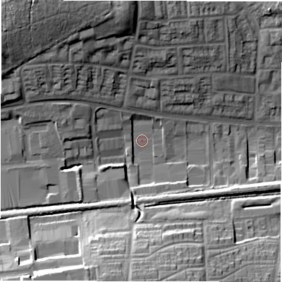 Shaded relief map of the ground around CV49HB, computed from Environment Agency LiDAR. The ground here sits at about 101 m above sea level and falls 24 m across the surrounding 800 m. Surface water reaching this point runs off ground lying to the north-west, 3.7 m higher.
