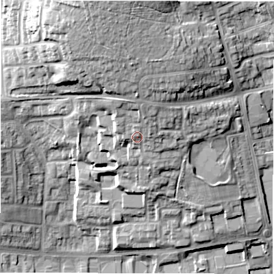 Shaded relief map of the ground around CV49HE, computed from Environment Agency LiDAR. The ground here sits at about 113 m above sea level and falls 26 m across the surrounding 800 m. Surface water reaching this point runs off ground lying to the north-north-east, 3.4 m higher.
