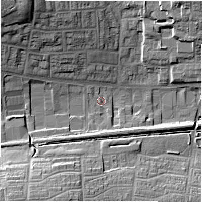 Shaded relief map of the ground around CV49HN, computed from Environment Agency LiDAR. The ground here sits at about 99 m above sea level and falls 25 m across the surrounding 800 m. Surface water reaching this point runs off ground lying to the north-west, 21.2 m higher.