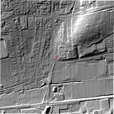 Shaded relief map of the ground around CV49HR, computed from Environment Agency LiDAR. The ground here sits at about 106 m above sea level and falls 21 m across the surrounding 800 m. Surface water reaching this point runs off ground lying to the north-east, 4.8 m higher.
