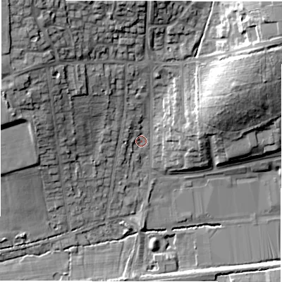 Shaded relief map of the ground around CV49HS, computed from Environment Agency LiDAR. The ground here sits at about 107 m above sea level and falls 23 m across the surrounding 800 m. Surface water reaching this point runs off ground lying to the north-west, 18.2 m higher.