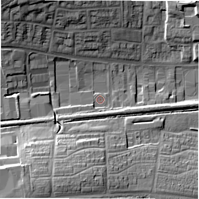 Shaded relief map of the ground around CV49TB, computed from Environment Agency LiDAR. The ground here sits at about 100 m above sea level and falls 21 m across the surrounding 800 m. Surface water reaching this point runs off ground lying to the west-south-west, 4.6 m higher.