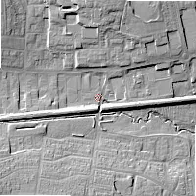 Shaded relief map of the ground around CV49UP, computed from Environment Agency LiDAR. The ground here sits at about 97 m above sea level and falls 21 m across the surrounding 800 m. Surface water reaching this point runs off ground lying to the south-west, 6.3 m higher.