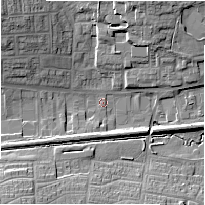 Shaded relief map of the ground around CV49UT, computed from Environment Agency LiDAR. The ground here sits at about 98 m above sea level and falls 22 m across the surrounding 800 m. Surface water reaching this point runs off ground lying to the north-west, 15.5 m higher.
