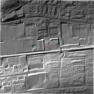 Shaded relief map of the ground around CV49XB, computed from Environment Agency LiDAR. The ground here sits at about 104 m above sea level and falls 22 m across the surrounding 800 m. Surface water reaching this point runs off ground lying to the west-south-west, 1.2 m higher.