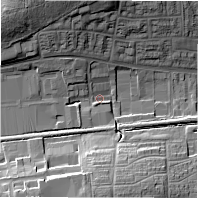 Shaded relief map of the ground around CV49XY, computed from Environment Agency LiDAR. The ground here sits at about 101 m above sea level and falls 22 m across the surrounding 800 m. Surface water reaching this point runs off ground lying to the north-west, 20.4 m higher.