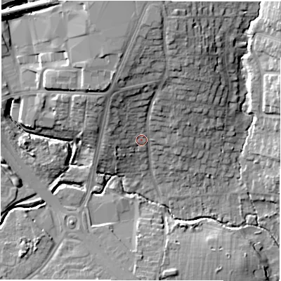 Shaded relief map of the ground around CV56AQ, computed from Environment Agency LiDAR. The ground here sits at about 90 m above sea level and falls 19 m across the surrounding 800 m. Surface water reaching this point runs off ground lying to the north, 11.2 m higher.