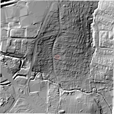 Shaded relief map of the ground around CV56AS, computed from Environment Agency LiDAR. The ground here sits at about 90 m above sea level and falls 18 m across the surrounding 800 m. Surface water reaching this point runs off ground lying to the north, 10.6 m higher.