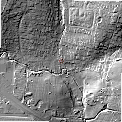Shaded relief map of the ground around CV56AT, computed from Environment Agency LiDAR. The ground here sits at about 85 m above sea level and falls 24 m across the surrounding 800 m. Surface water reaching this point runs off ground lying to the north-east, 14.8 m higher.