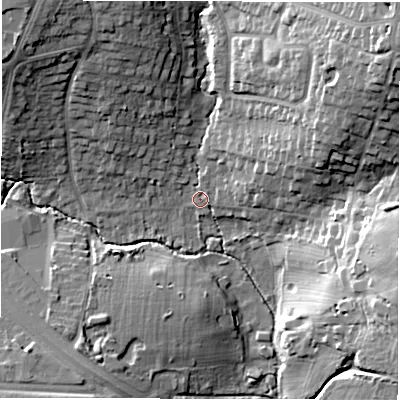 Shaded relief map of the ground around CV56AU, computed from Environment Agency LiDAR. The ground here sits at about 85 m above sea level and falls 23 m across the surrounding 800 m. Surface water reaching this point runs off ground lying to the north-east, 20.6 m higher.