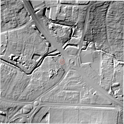 Shaded relief map of the ground around CV56ES, computed from Environment Agency LiDAR. The ground here sits at about 88 m above sea level and falls 15 m across the surrounding 800 m. Surface water reaching this point runs off ground lying to the south-east, 4.7 m higher.