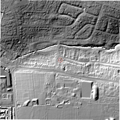 Shaded relief map of the ground around CV57DU, computed from Environment Agency LiDAR. The ground here sits at about 118 m above sea level and falls 18 m across the surrounding 800 m. Surface water reaching this point runs off ground lying to the south-south-west, 4.2 m higher.
