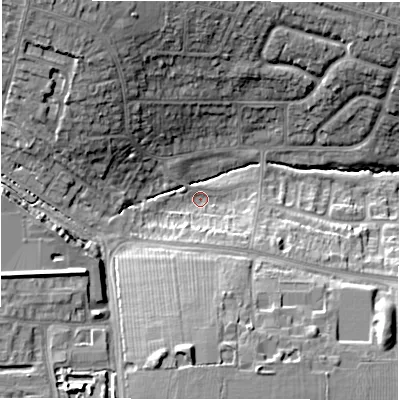 Shaded relief map of the ground around CV57DY, computed from Environment Agency LiDAR. The ground here sits at about 116 m above sea level and falls 18 m across the surrounding 800 m. Surface water reaching this point runs off ground lying to the north-west, 14.1 m higher.
