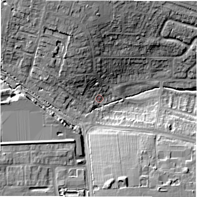 Shaded relief map of the ground around CV57DZ, computed from Environment Agency LiDAR. The ground here sits at about 117 m above sea level and falls 18 m across the surrounding 800 m. Surface water reaching this point runs off ground lying to the north-north-west, 9.7 m higher.