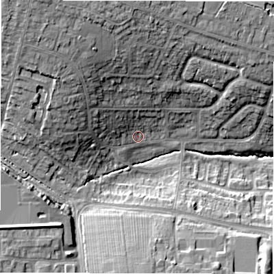 Shaded relief map of the ground around CV57ER, computed from Environment Agency LiDAR. The ground here sits at about 116 m above sea level and falls 20 m across the surrounding 800 m. Surface water reaching this point runs off ground lying to the west-north-west, 7.3 m higher.