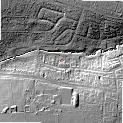 Shaded relief map of the ground around CV57FE, computed from Environment Agency LiDAR. The ground here sits at about 115 m above sea level and falls 19 m across the surrounding 800 m. Surface water reaching this point runs off ground lying to the south-south-west, 7.2 m higher.