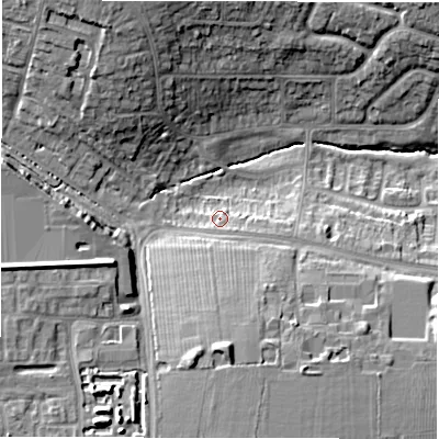Shaded relief map of the ground around CV57FG, computed from Environment Agency LiDAR. The ground here sits at about 119 m above sea level and falls 17 m across the surrounding 800 m. Surface water reaching this point runs off ground lying to the south-east, 2.9 m higher.
