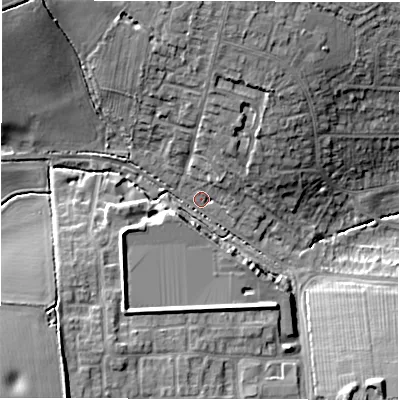 Shaded relief map of the ground around CV57FH, computed from Environment Agency LiDAR. The ground here sits at about 119 m above sea level and falls 18 m across the surrounding 800 m. Surface water reaching this point runs off ground lying to the north-west, 13.0 m higher.