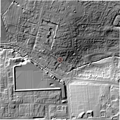 Shaded relief map of the ground around CV57FJ, computed from Environment Agency LiDAR. The ground here sits at about 120 m above sea level and falls 17 m across the surrounding 800 m. Surface water reaching this point runs off ground lying to the north-north-west, 6.1 m higher.