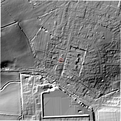 Shaded relief map of the ground around CV57FL, computed from Environment Agency LiDAR. The ground here sits at about 124 m above sea level and falls 19 m across the surrounding 800 m. Surface water reaching this point runs off ground lying to the north-north-east, 4.8 m higher.