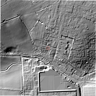 Shaded relief map of the ground around CV57FP, computed from Environment Agency LiDAR. The ground here sits at about 122 m above sea level and falls 19 m across the surrounding 800 m. Surface water reaching this point runs off ground lying to the north, 10.0 m higher.