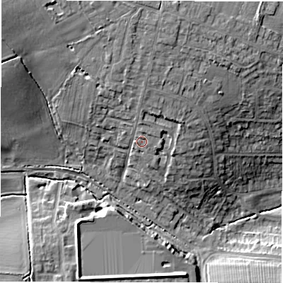 Shaded relief map of the ground around CV57FR, computed from Environment Agency LiDAR. The ground here sits at about 126 m above sea level and falls 19 m across the surrounding 800 m. Surface water reaching this point runs off ground lying to the north, 1.9 m higher.