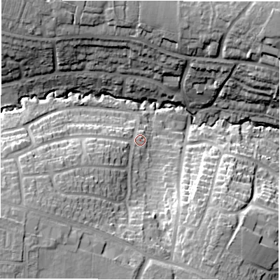 Shaded relief map of the ground around CV57GF, computed from Environment Agency LiDAR. The ground here sits at about 112 m above sea level and falls 23 m across the surrounding 800 m. Surface water reaching this point runs off ground lying to the south-west, 15.4 m higher.