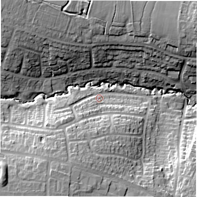 Shaded relief map of the ground around CV57GT, computed from Environment Agency LiDAR. The ground here sits at about 111 m above sea level and falls 23 m across the surrounding 800 m. Surface water reaching this point runs off ground lying to the south-south-west, 14.5 m higher.