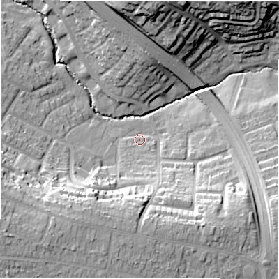 Shaded relief map of the ground around CV57GU, computed from Environment Agency LiDAR. The ground here sits at about 99 m above sea level and falls 29 m across the surrounding 800 m. Surface water reaching this point runs off ground lying to the south-south-west, 21.4 m higher.
