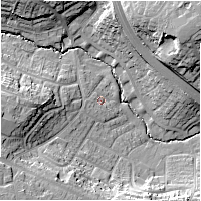 Shaded relief map of the ground around CV57HJ, computed from Environment Agency LiDAR. The ground here sits at about 103 m above sea level and falls 30 m across the surrounding 800 m. Surface water reaching this point runs off ground lying to the west-south-west, 4.0 m higher.