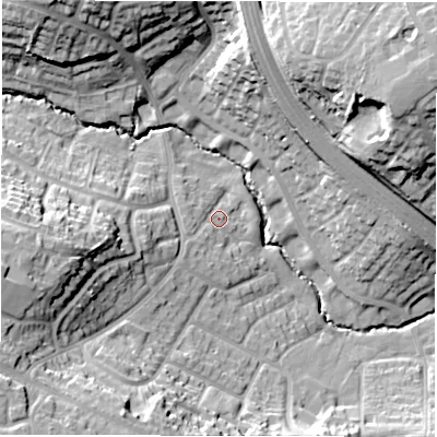 Shaded relief map of the ground around CV57HL, computed from Environment Agency LiDAR. The ground here sits at about 102 m above sea level and falls 29 m across the surrounding 800 m. Surface water reaching this point runs off ground lying to the south-west, 4.1 m higher.
