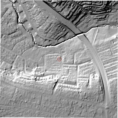 Shaded relief map of the ground around CV57HU, computed from Environment Agency LiDAR. The ground here sits at about 99 m above sea level and falls 29 m across the surrounding 800 m. Surface water reaching this point runs off ground lying to the south-west, 22.0 m higher.