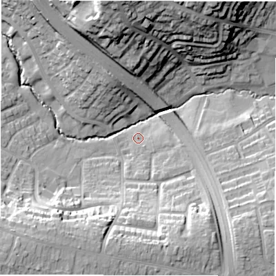 Shaded relief map of the ground around CV57HW, computed from Environment Agency LiDAR. The ground here sits at about 98 m above sea level and falls 30 m across the surrounding 800 m. Surface water reaching this point runs off ground lying to the south-south-west, 19.7 m higher.