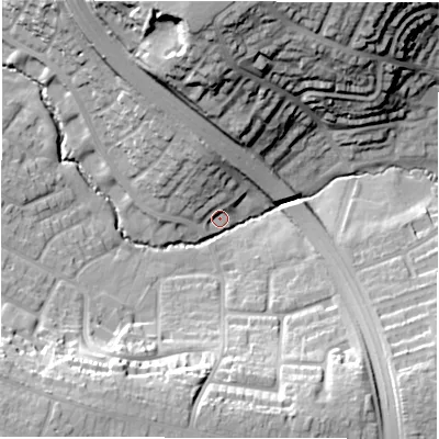 Shaded relief map of the ground around CV57HY, computed from Environment Agency LiDAR. The ground here sits at about 97 m above sea level and falls 31 m across the surrounding 800 m. Surface water reaching this point runs off ground lying to the south-west, 25.3 m higher.