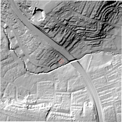 Shaded relief map of the ground around CV57HZ, computed from Environment Agency LiDAR. The ground here sits at about 97 m above sea level and falls 32 m across the surrounding 800 m. Surface water reaching this point runs off ground lying to the north-west, 10.6 m higher.