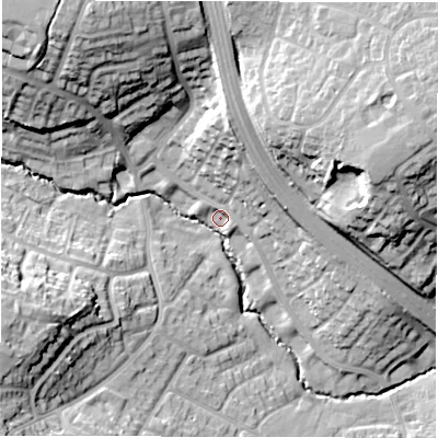 Shaded relief map of the ground around CV57JN, computed from Environment Agency LiDAR. The ground here sits at about 102 m above sea level and falls 31 m across the surrounding 800 m. Surface water reaching this point runs off ground lying to the north-north-west, 26.5 m higher.