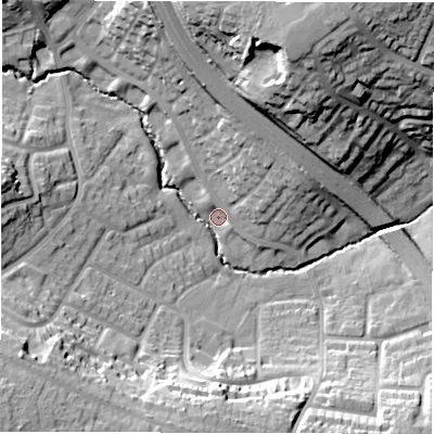 Shaded relief map of the ground around CV57JP, computed from Environment Agency LiDAR. The ground here sits at about 99 m above sea level and falls 31 m across the surrounding 800 m. Surface water reaching this point runs off ground lying to the west, 17.4 m higher.