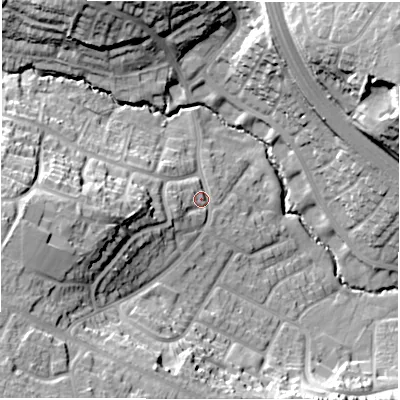 Shaded relief map of the ground around CV57JT, computed from Environment Agency LiDAR. The ground here sits at about 105 m above sea level and falls 30 m across the surrounding 800 m. Surface water reaching this point runs off ground lying to the west-south-west, 20.7 m higher.