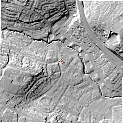 Shaded relief map of the ground around CV57JU, computed from Environment Agency LiDAR. The ground here sits at about 104 m above sea level and falls 30 m across the surrounding 800 m. Surface water reaching this point runs off ground lying to the west-south-west, 21.3 m higher.
