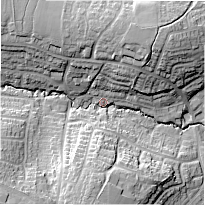 Shaded relief map of the ground around CV57LJ, computed from Environment Agency LiDAR. The ground here sits at about 106 m above sea level and falls 26 m across the surrounding 800 m. Surface water reaching this point runs off ground lying to the north-east, 23.2 m higher.