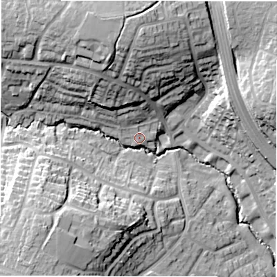 Shaded relief map of the ground around CV57LL, computed from Environment Agency LiDAR. The ground here sits at about 106 m above sea level and falls 29 m across the surrounding 800 m. Surface water reaching this point runs off ground lying to the north, 21.3 m higher.