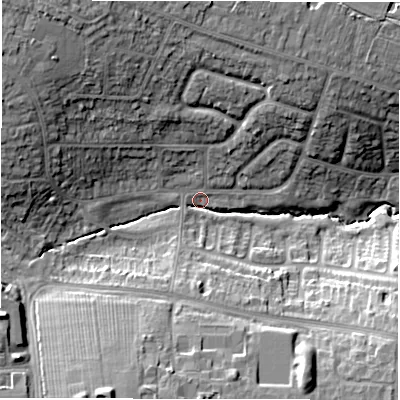 Shaded relief map of the ground around CV57NT, computed from Environment Agency LiDAR. The ground here sits at about 114 m above sea level and falls 20 m across the surrounding 800 m. Surface water reaching this point runs off ground lying to the north-west, 16.1 m higher.