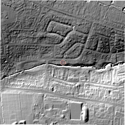 Shaded relief map of the ground around CV57NU, computed from Environment Agency LiDAR. The ground here sits at about 114 m above sea level and falls 20 m across the surrounding 800 m. Surface water reaching this point runs off ground lying to the north-west, 16.8 m higher.