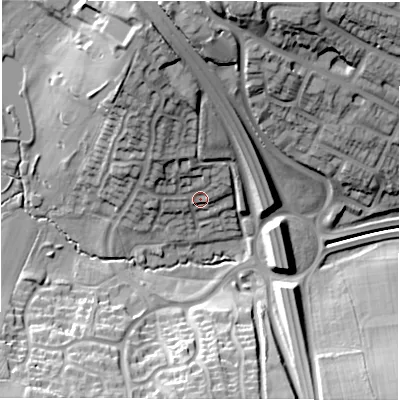 Shaded relief map of the ground around CV57QB, computed from Environment Agency LiDAR. The ground here sits at about 103 m above sea level and falls 31 m across the surrounding 800 m. Surface water reaching this point runs off ground lying to the north-north-west, 11.9 m higher.
