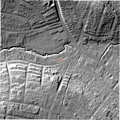Shaded relief map of the ground around CV58AF, computed from Environment Agency LiDAR. The ground here sits at about 91 m above sea level and falls 24 m across the surrounding 800 m. Surface water reaching this point runs off ground lying to the south-west, 16.1 m higher.