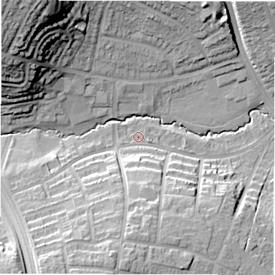 Shaded relief map of the ground around CV58AP, computed from Environment Agency LiDAR. The ground here sits at about 93 m above sea level and falls 35 m across the surrounding 800 m. Surface water reaching this point runs off ground lying to the south-south-west, 19.6 m higher.