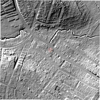 Shaded relief map of the ground around CV58FP, computed from Environment Agency LiDAR. The ground here sits at about 90 m above sea level and falls 22 m across the surrounding 800 m. Surface water reaching this point runs off ground lying to the south-west, 17.5 m higher.