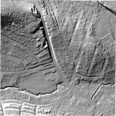 Shaded relief map of the ground around CV58GF, computed from Environment Agency LiDAR. The ground here sits at about 96 m above sea level and falls 30 m across the surrounding 800 m. Surface water reaching this point runs off ground lying to the north, 13.0 m higher.